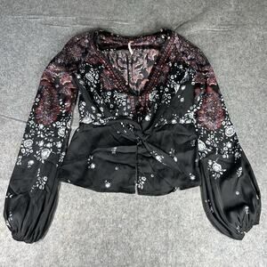 Free People Run Free Top Women’s XS Blouse Black Boho Paisley Buttons Tie